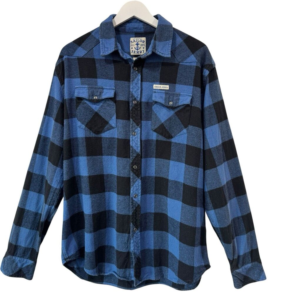 Sailor Jerry Flannel Mens Large Long Sleeve Plaid Check Snap Buttons Rockabilly